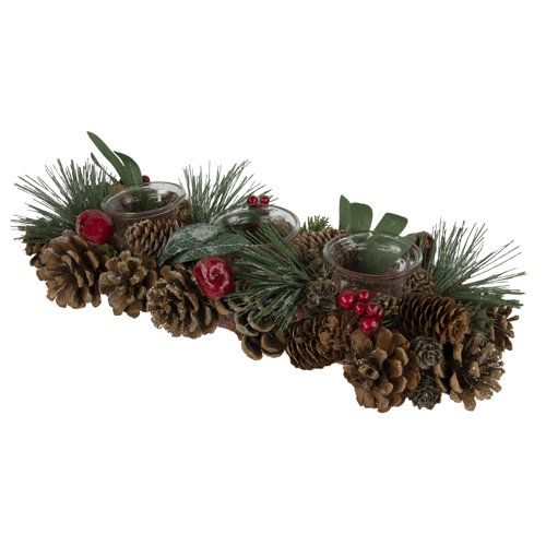 Northlight 15.25" Glitter Pinecones and Red Berries Tealight Christmas